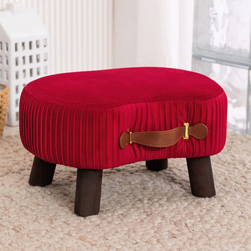 Velvet Footstool and Ottoman with Wooden Legs, Red