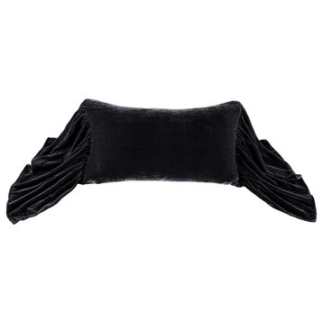 Stella Faux Silk Velvet Long Ruffled Pillow, 14"x26", Black, 1 Piece
