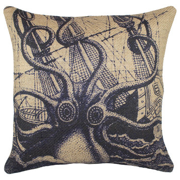 Octopus With Ship Burlap Pillow, Navy