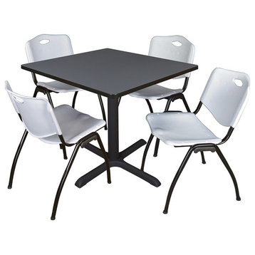 Cain 42" Square Breakroom Table, Gray and 4 'M' Stack Chairs, Gray