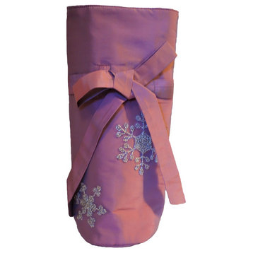 Pink Silk Wine Bag with Silver Hand Beaded Snowflakes
