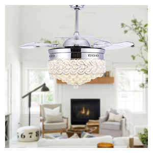 42 Modern Crystal Ceiling Fan With Lights Retractable Chandelier