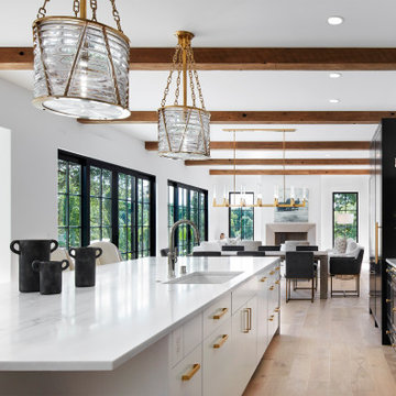 Wood Box Beams on White Ceiling in a Contemporary Kitchen and Open Concept