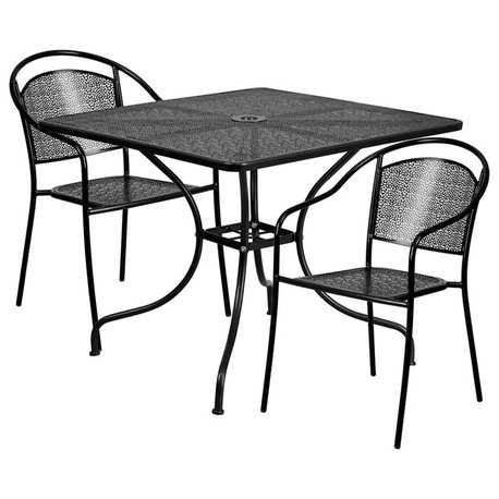 35.5'' Square Black Indoor-Outdoor Steel Patio Table Set, 2 Round Back Chairs