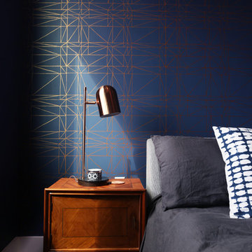 Sneak Peek: Navy and Copper Wall Paper Master Bedroom