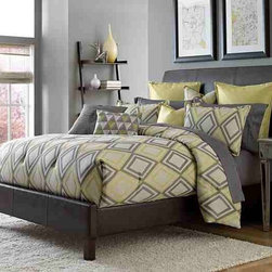 AICO Furniture - Society Row Slate/Yellow Diamond Patterned 9-pc Queen Bedding S - Bedroom Products