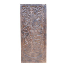 Consigned Vintage Ganesha Dancing on Lotus Carved Panel, Wall Sculpture