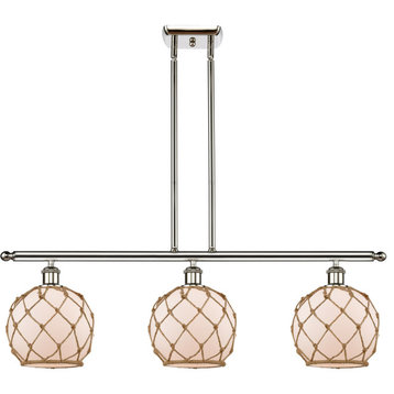 Ballston Farmhouse 3 Light Fixture, Polished Nickel/White Glass With Brown Rope