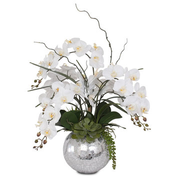 Real Touch White Orchid and Succulent Arrangement, Round Glass Ball