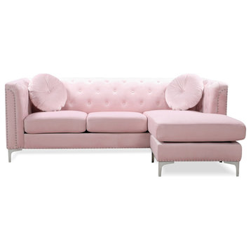 Pompano 83 in. Pink Tufted Velvet Sectional With 2-Throw Pillow