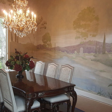old world scenic mural in dining room