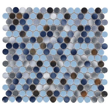 Mosaic Handmade Porcelain Penny Round Tile for Floors Walls, Blue Grey Brown