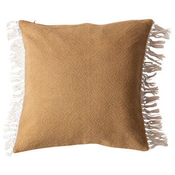 Soft Cotton Pillow With Fringe, Mustard