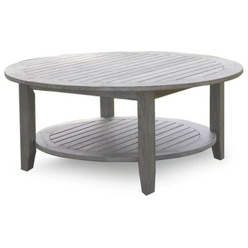 Farmhouse Coffee Table, Indoor or Outdoor Use With Round Top, Weathered Gray