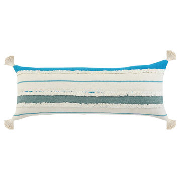 Ox Bay Hand-stitched White/Blue Stripe Organic Cotton Pillow Cover, 14"x36"