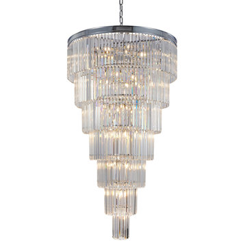 36" 34-Light Brass Metal 7-Tier Chandelier With Clear Crystals, Chrome, D36'' H72''