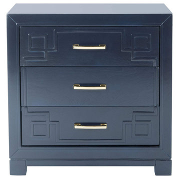Contemporary Nightstand, 3 Storage Drawers With Greek Key Patterned Front, Navy