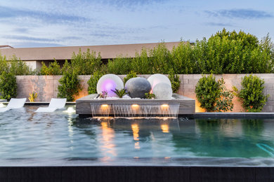 Foto de piscina infinita minimalista de tamaño medio rectangular en patio trasero con paisajismo de piscina y suelo de baldosas