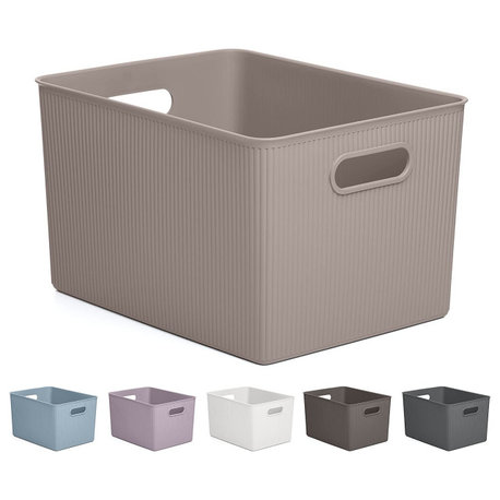 Superio Ribbed Storage Bin, Plastic Storage Basket, Taupe, 22 L