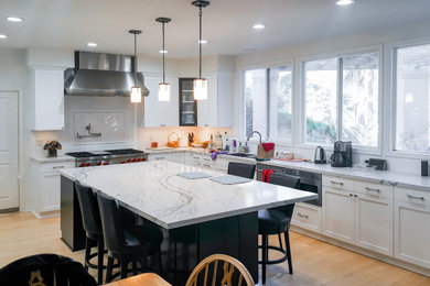 ロサンゼルスにある高級な広いトランジショナルスタイルのおしゃれなキッチン (アンダーカウンターシンク、シェーカースタイル扉のキャビネット、クオーツストーンカウンター、白いキッチンパネル、サブウェイタイルのキッチンパネル、シルバーの調理設備、淡色無垢フローリング、黄色い床、マルチカラーのキッチンカウンター) の写真