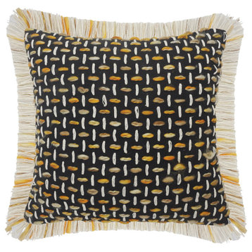 Modern Interwoven Throw Pillow with Fringe, Black/Gold/White
