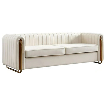 Modern Sofa, Rich Velvet Seat With Rounded Channel Tufted Tuxedo Arms, Beige