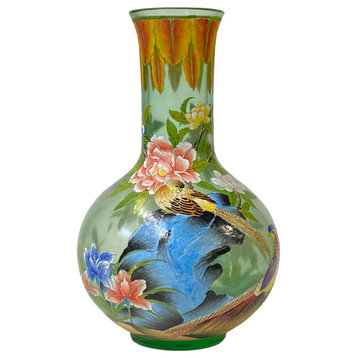 Chinese Light Green Color Flower Birds Graphic Peking Glass Vase Hws1879