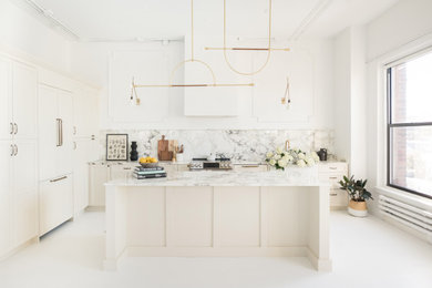 Example of a large transitional u-shaped white floor eat-in kitchen design in Boston with a farmhouse sink, shaker cabinets, white cabinets, marble countertops, white backsplash, marble backsplash, paneled appliances, an island and white countertops
