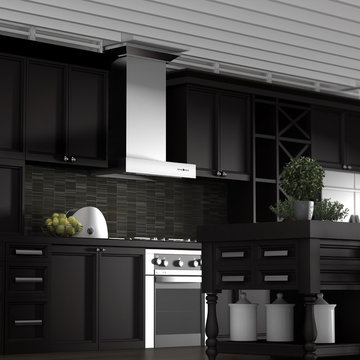 Black kitchen featuring a ZLINE KECOM-RD Stainless Steel Wall Range Hood