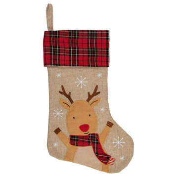 19" Burlap Plaid Whimsical Reindeer Waiving Christmas Stocking