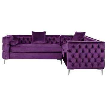 Classic Sectional Sofa, Plum Velvet Upholstery With Diamond Button Tufted, Plum