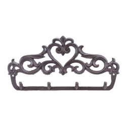 Import Wholesales - Cast Iron Wall Hook Rack, Ornate Victorian, 4 Hooks, 12" Wide - Wall Hooks