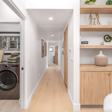 Bedroom Hall with Built-In Oak Cabinet and Floating Shelves