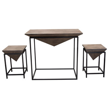 3-Piece Counter Table With 2 Stools With Mango Top, Walnut Gray, Black Base