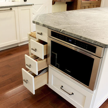 White Cabinets, Grey Countertops and Edgy Tile Backsplash