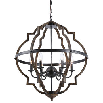 25 in  Ceiling Light in Distressed Black and Brushed Wood Finish, 6-Light