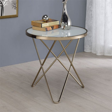 ACME Valora Round Glass Top End Table in White Glass and Gold