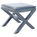 Meridian Furniture - Nixon Velvet Upholstered Ottoman/Bench, Sky Blue - You'll be sitting pretty on this Nixon Sky Blue velvet ottoman/bench. This beautiful piece has a stunning look with its black velvet upholstery and chrome nail head trim that gives your room a decidedly contemporary vibe. The X-shaped legs are sturdy and stout, making it a beautifully durable addition to your space. The ottoman's large top accommodates your feet while you relax and unwind with a good book, or pull it out on game night for an extra seat.