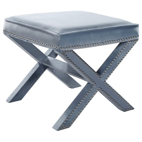 Nixon Velvet Upholstered Ottoman/Bench, Sky Blue