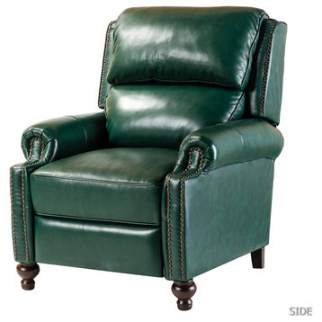 Genuine Leather Cigar Recliner With Nail Head Trim, Green