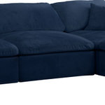 Meridian Furniture - Cozy Velvet Upholstered Comfort L-Shaped Modular Sectional, Navy, 6-Piece: 3 Armless Chair, 3 Corner Chair - Bring home this Cozy 6-piece sectional for a fresh new look. Embrace casual elegance with this Cozy velvet cloud-like comfort modular fiber-filled seating option. Handsome from all angles, this piece features soft navy velvet upholstery to make it an easy fit in any room. This modular piece can be combined with other items in the Cozy collection to create a seating group of your dreams. The cushions on this piece are exceptionally comfortableand filled with fiber for luxury that you deserve as you rest and relax.