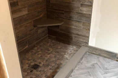 Inspiration for a rustic ceramic tile, gray floor and single-sink shower bench remodel in Other with an undermount sink, quartz countertops, gray countertops and a freestanding vanity