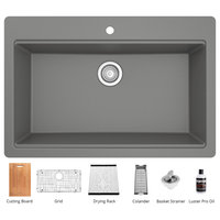 Karran Top Mount 33" Single Bowl Quartz Workstation Kitchen Sink, Grey