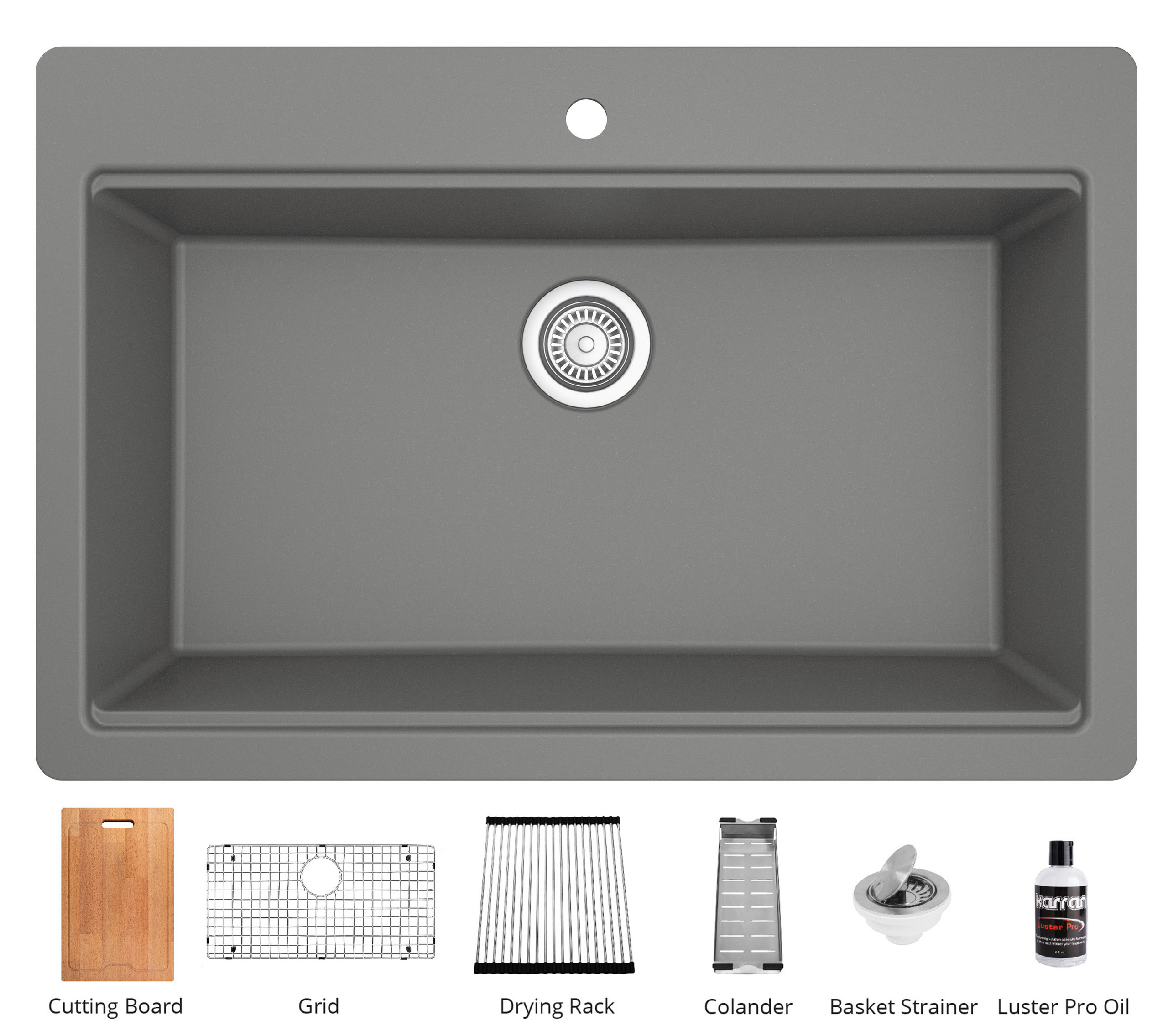 Karran Top Mount 33" Single Bowl Quartz Workstation Kitchen Sink, Grey