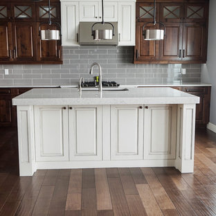 Cloud white Island . Rustic Walnut Cabinets