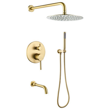 Tub Shower Faucet Set Complete Rain Shower System with Tub Spout, Brushed Gold