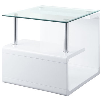 Modern End Table, Geometric High Gloss White Body With Square Clear Glass Top