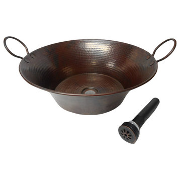 16" Round Cazo with Handles Copper Vessel Bathroom with Drain