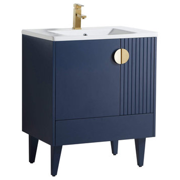 Venezian Single Bathroom Vanity, Navy Blue, 30", Satin Brass Handles, One Sink