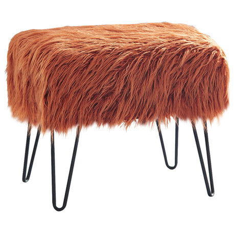 Mongolian Fur Ottoman, Rust, 19''x13''x17''